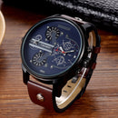 CAGARNY 6820 Round Large Dial Leather Band Quartz Dual Movement Watch For Men(Black Shell Blue Surface Brown Band)