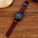 CAGARNY 6820 Round Large Dial Leather Band Quartz Dual Movement Watch For Men(Black Shell Blue Surface Brown Band)
