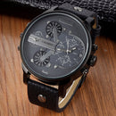 CAGARNY 6820 Round Large Dial Leather Band Quartz Dual Movement Watch For Men(Black Shell Black Surface Black Band)