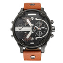 CAGARNY 6820 Round Large Dial Leather Band Quartz Dual Movement Watch For Men(Black Shell Black Surface Brown Band)