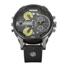 CAGARNY 6820 Round Large Dial Leather Band Quartz Dual Movement Watch For Men(Black Shell Black Surface Black Band)