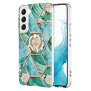 For Samsung Galaxy S22+ 5G Splicing Marble Flower Pattern TPU Ring Holder Case(Blue Flower)