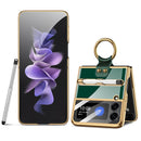 For Samsung Galaxy Z Flip3 5G GKK Integrated Solid Color Plating Phone Case with Ring Holder & Stylus Pen(Emerald)