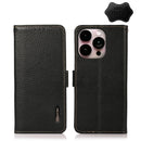 KHAZNEH Side-Magnetic Litchi Genuine Leather RFID Phone Case For iPhone 14 Pro Max (Black)