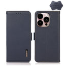 KHAZNEH Side-Magnetic Litchi Genuine Leather RFID Phone Case For iPhone 14 Pro Max (Blue)