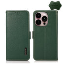 KHAZNEH Side-Magnetic Litchi Genuine Leather RFID Phone Case For iPhone 14 Pro Max (Green)