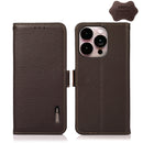 KHAZNEH Side-Magnetic Litchi Genuine Leather RFID Phone Case For iPhone 14 Pro Max (Brown)