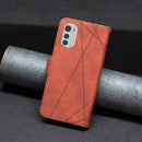 For Motorola Moto E32 4G Magnetic Buckle Rhombus Texture Leather Phone Case(Brown)