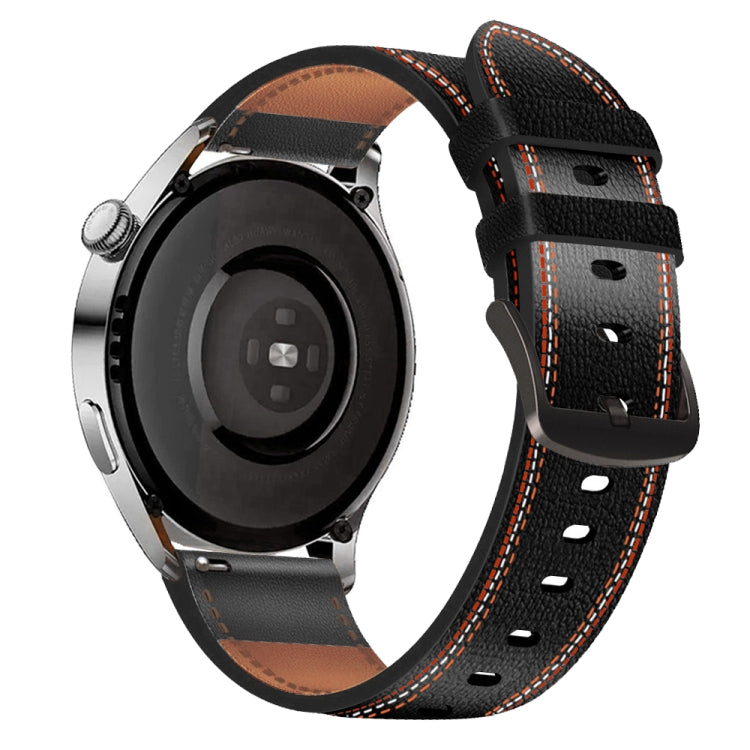 For Samsung Galaxy Watch 3 45mm Sewing Thread Genuine Leather Watch Band(Black)