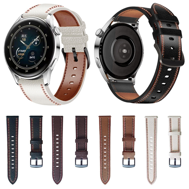 For Samsung Galaxy Watch 3 45mm Sewing Thread Genuine Leather Watch Band(Black)