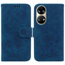 For Huawei P50 Butterfly Rose Embossed Leather Phone Case(Blue)