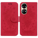 For Huawei P50 Butterfly Rose Embossed Leather Phone Case(Red)