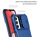 For Samsung Galaxy A13 Stereoscopic Holder Sliding Camshield Phone Case(Blue)