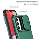 For Samsung Galaxy A13 Stereoscopic Holder Sliding Camshield Phone Case(Dark Green)