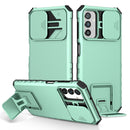 For Samsung Galaxy A13 Stereoscopic Holder Sliding Camshield Phone Case(Light Blue)