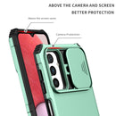 For Samsung Galaxy A13 Stereoscopic Holder Sliding Camshield Phone Case(Light Blue)