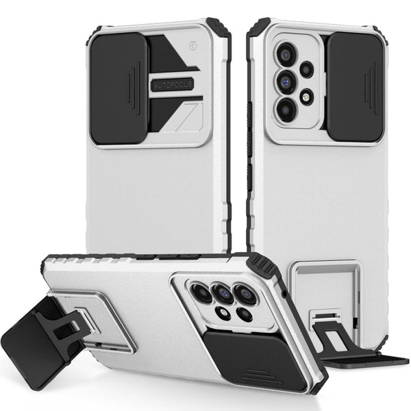 For Samsung Galaxy A53 5G Stereoscopic Holder Sliding Camshield Phone Case(White)
