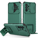 For Samsung Galaxy A53 5G Stereoscopic Holder Sliding Camshield Phone Case(Dark Green)
