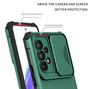 For Samsung Galaxy A53 5G Stereoscopic Holder Sliding Camshield Phone Case(Dark Green)
