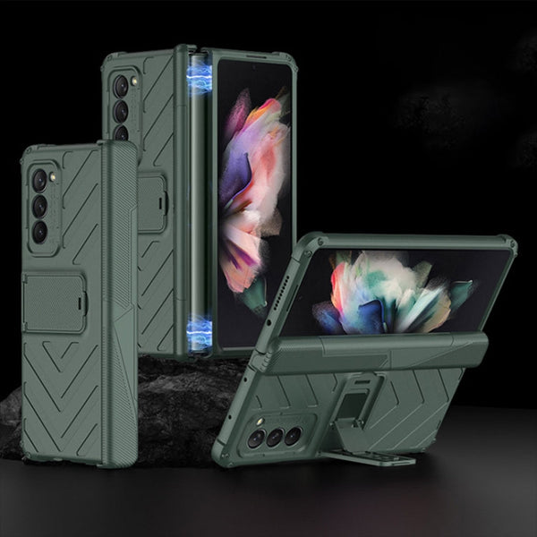 For Samsung Galaxy Z Fold2 5G GKK Integrated Magnetic Armor Flip Phone Case with Holder(Dark Green)