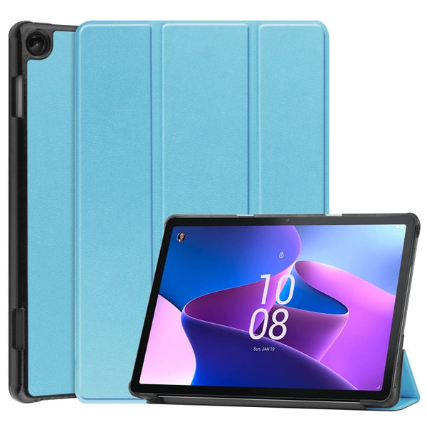 For Lenovo Tab M10 3rd Gen Custer Pure Color 3-Fold Holder Smart Leather Tablet Case(Sky Blue)