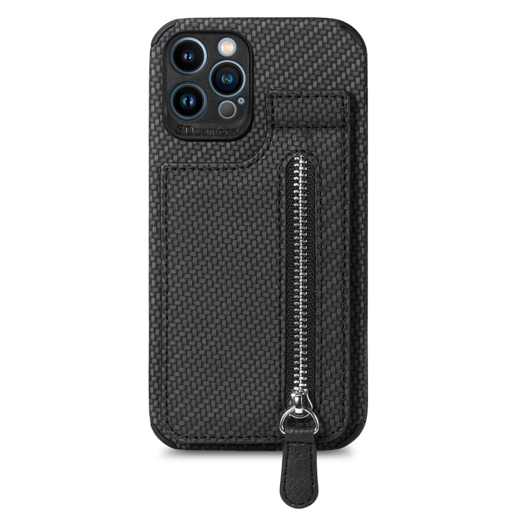 Carbon Fiber Vertical Flip Zipper Phone Case For iPhone 13(Black)