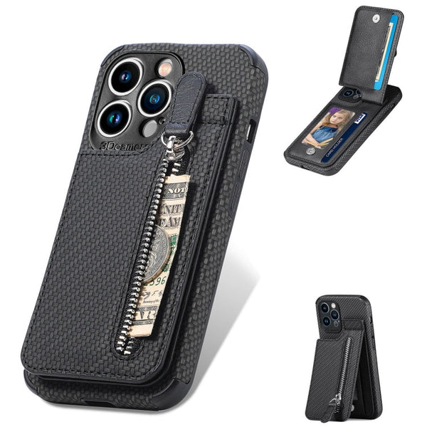 Carbon Fiber Vertical Flip Zipper Phone Case For iPhone 13(Black)