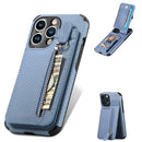 Carbon Fiber Vertical Flip Zipper Phone Case For iPhone 13(Blue)