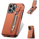 Carbon Fiber Vertical Flip Zipper Phone Case For iPhone 13(Brown)
