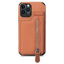 Carbon Fiber Vertical Flip Zipper Phone Case For iPhone 13(Brown)
