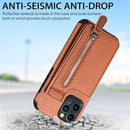 Carbon Fiber Vertical Flip Zipper Phone Case For iPhone 13(Brown)