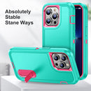 3 in 1 Rugged Holder Phone Case For iPhone 14 Max (Blue + Pink)