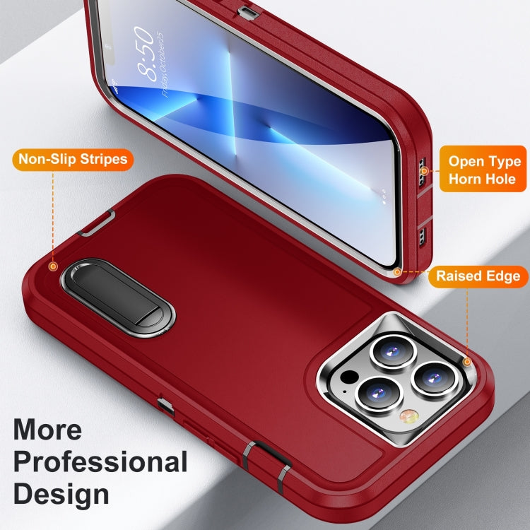 3 in 1 Rugged Holder Phone Case For iPhone 14 Pro Max (Red + Black)