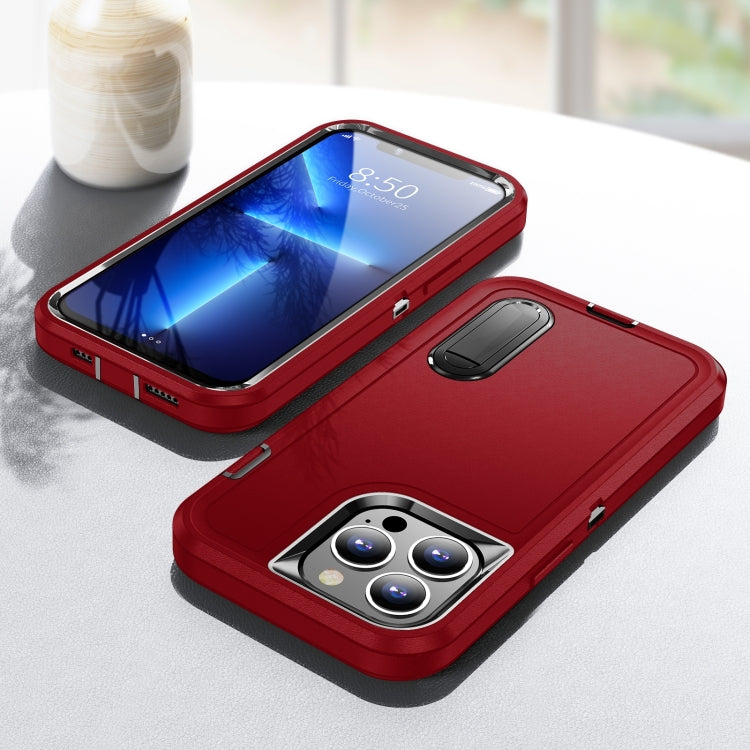 3 in 1 Rugged Holder Phone Case For iPhone 14 Pro Max (Red + Black)