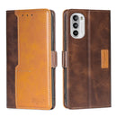 For Motorola Moto G52 4G/G82 5G Contrast Color Side Buckle Leather Phone Case(Dark Brown + Gold)