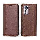 For Xiaomi 12 Pro Grid Texture Magnetic Flip Leather Phone Case(Brown)