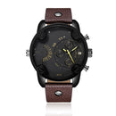 CAGARNY 6819 Multifunctional Dual Time Zone Quartz Business Sport Watch for Men(Black Shell Black Surface Brown Leather)