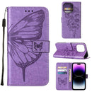 Embossed Butterfly Leather Phone Case For iPhone 14 Pro (Light Purple)