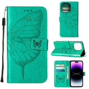 Embossed Butterfly Leather Phone Case For iPhone 14 Pro (Green)
