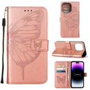 Embossed Butterfly Leather Phone Case For iPhone 14 Pro (Rose Gold)