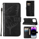 Embossed Butterfly Leather Phone Case For iPhone 14 Pro (Black)