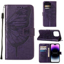 Embossed Butterfly Leather Phone Case For iPhone 14 Pro (Dark Purple)