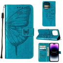 Embossed Butterfly Leather Phone Case For iPhone 14 Pro (Blue)
