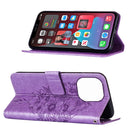 Embossed Butterfly Leather Phone Case For iPhone 14 Pro Max (Light Purple)