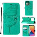 Embossed Butterfly Leather Phone Case For iPhone 14 Pro Max (Green)