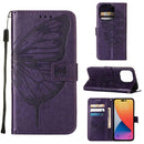 Embossed Butterfly Leather Phone Case For iPhone 14 Pro Max (Dark Purple)