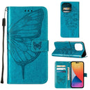 Embossed Butterfly Leather Phone Case For iPhone 14 Pro Max (Blue)