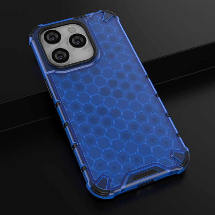 Lanyard Honeycomb Phone Case For iPhone 14 Pro(Blue)