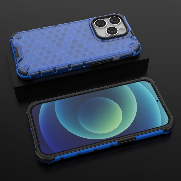 Lanyard Honeycomb Phone Case For iPhone 14 Pro(Blue)