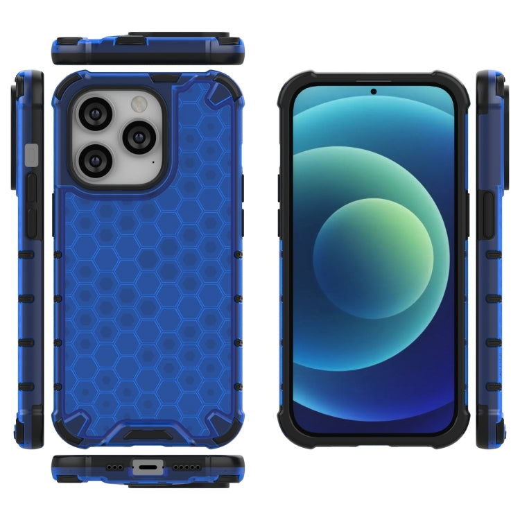 Lanyard Honeycomb Phone Case For iPhone 14 Pro(Blue)